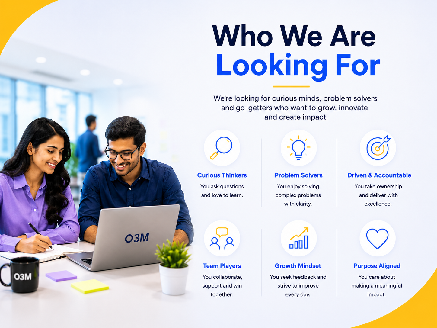 Illustration representing the qualities O3M values — curiosity, accountability, problem-solving, and teamwork.
