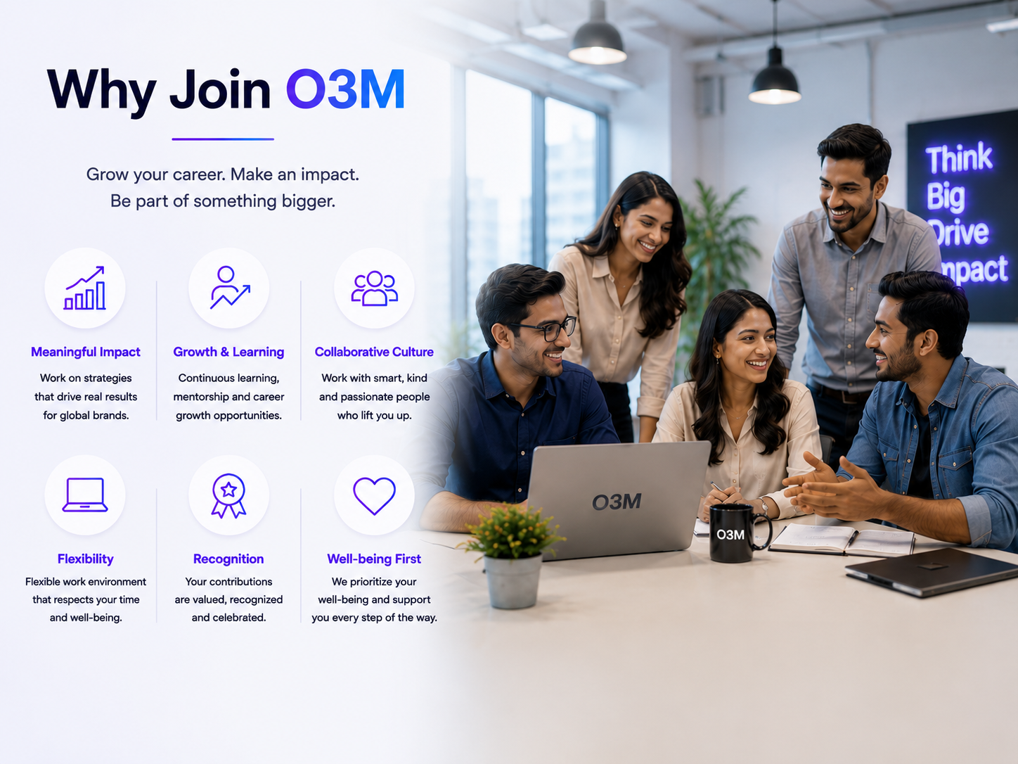 Illustration representing why people join O3M — real client work, technology access, and continuous learning in digital marketing.